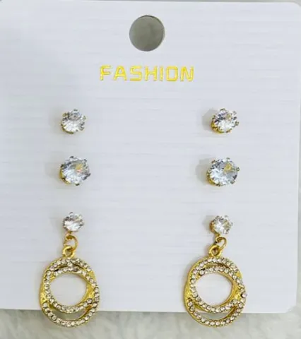 Aros x3 Pares Dorados Argolla Doble Strass