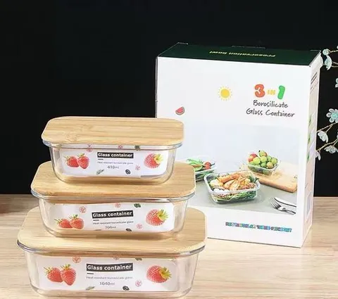 Juego Recipientes Rectangulares 4 Piezas con Tapa Bambú